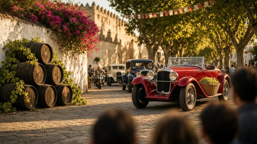 Roadster rojo de los años 30 con una cesta de uvas desfilando por la Alameda Vieja de Jerez junto a barricas de jerez