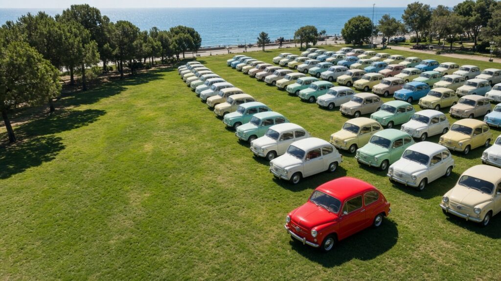 Cientos de SEAT 600 de colores en filas en un parque junto al mar en Viladecans con uno rojo en primer plano