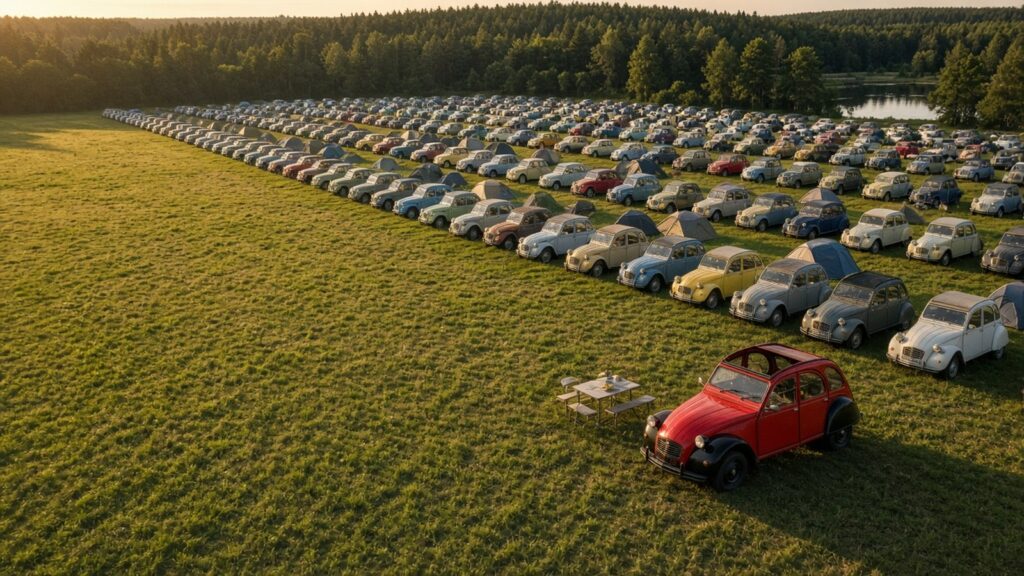 Citroën 2CV rojo y negro en primer plano ante miles de 2CV y tiendas de campaña en la explanada de Salbris