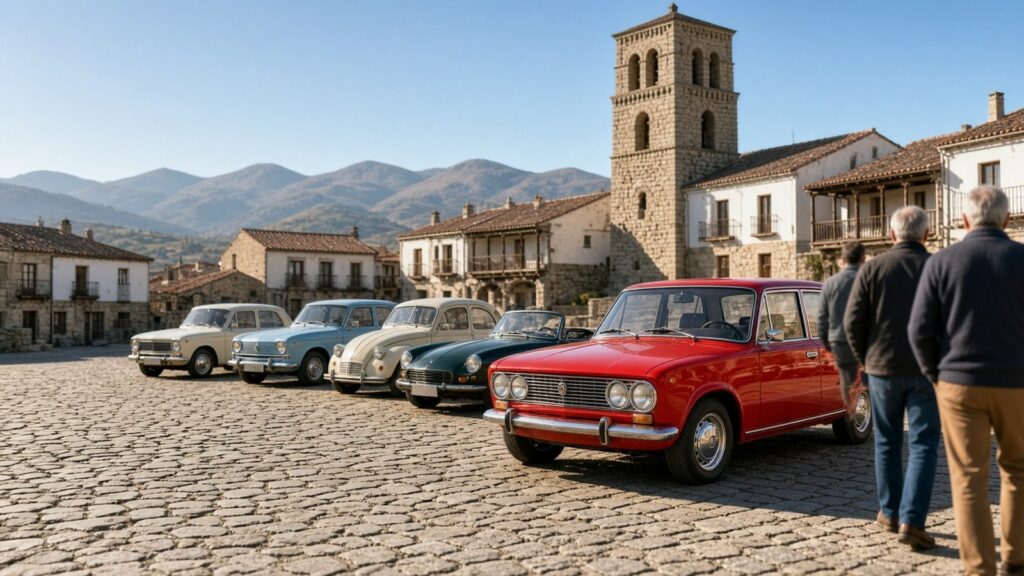 SEAT 124 rojo y otros clásicos aparcados en la plaza empedrada de Valdemorillo con la sierra de Guadarrama al fondo