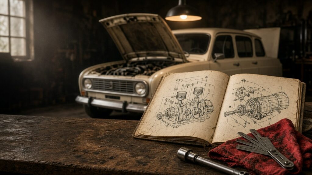 Manual técnico de época abierto con despieces del motor sobre un banco de taller y un Renault 4 con el capó abierto detrás