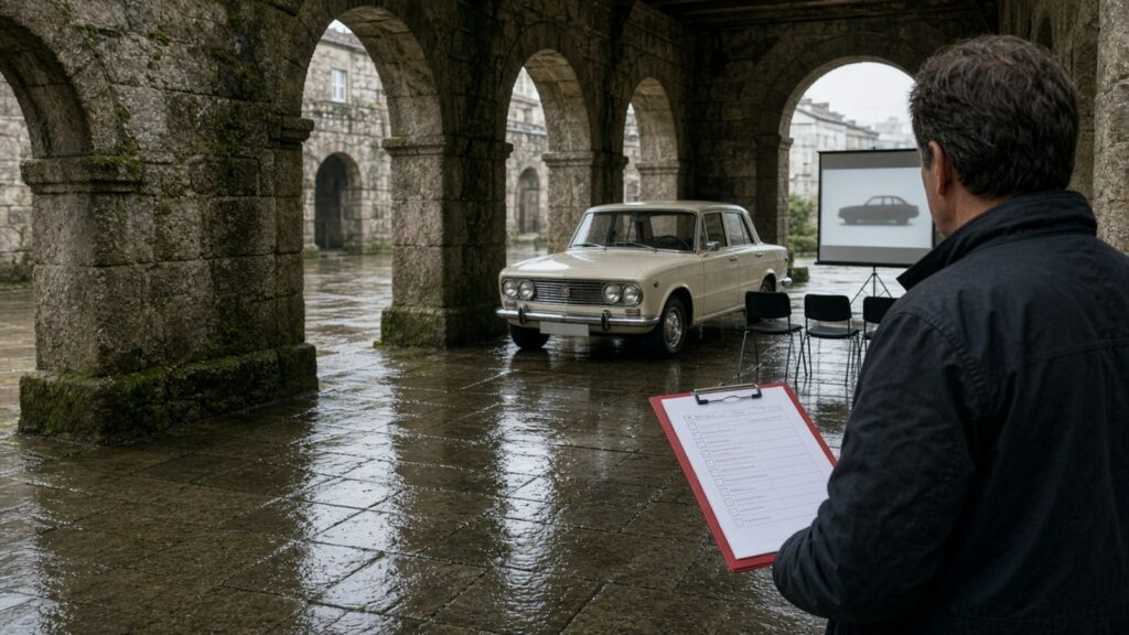 Inspector con lista de comprobación ante un SEAT 1500 clásico bajo los soportales de granito de Santiago en un día de lluvia
