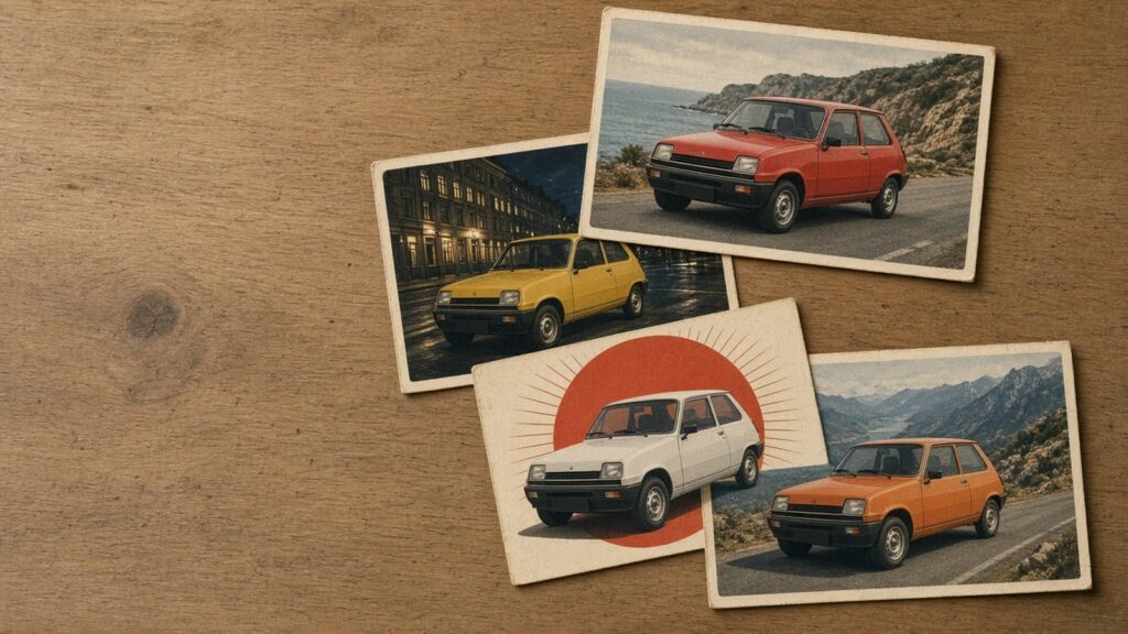 Cuatro catálogos de época con ilustraciones del Renault 5 de primera generación sobre una mesa de madera