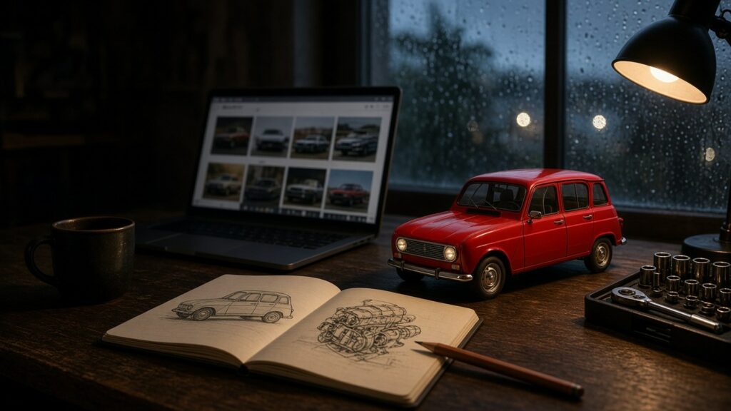 Escritorio con portátil abierto en un blog de coches y una maqueta roja de Renault 4 junto a una ventana con lluvia