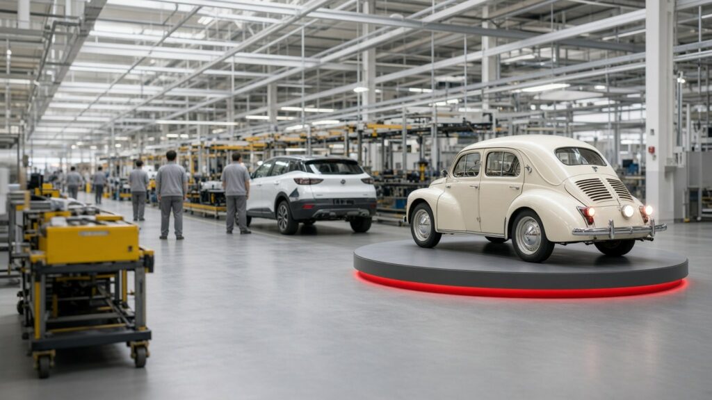 Renault 4CV restaurado sobre una peana con aro rojo en la línea de montaje de la factoría de Valladolid