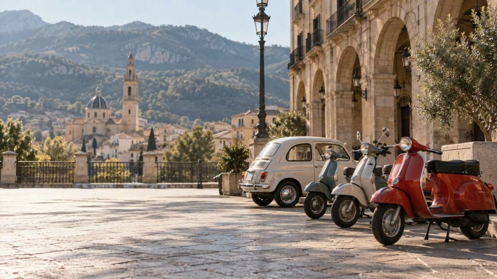 Vespas clásicas y un SEAT 600 aparcados en una plaza de Alcoy con las montañas al fondo