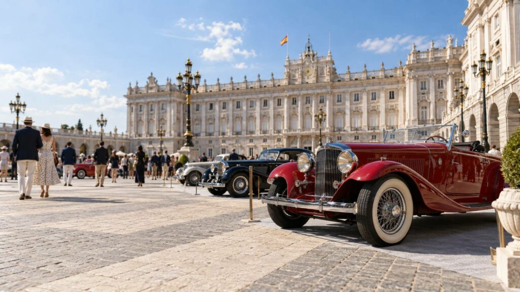 Coches de época expuestos en la explanada del Palacio Real de Madrid en un día soleado