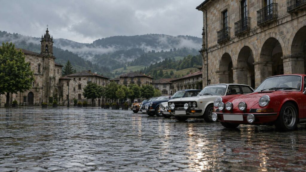 Coches de rally clásicos en una plaza de piedra mojada de Durango, Bizkaia, entre montes con niebla
