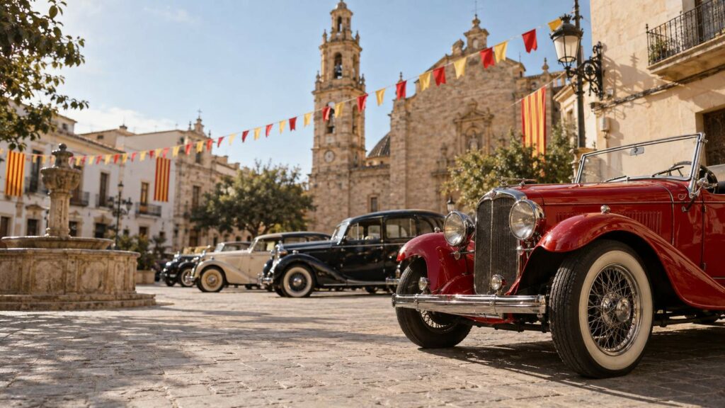 Coches antiguos expuestos en una plaza de Llíria engalanada con banderines durante las fiestas