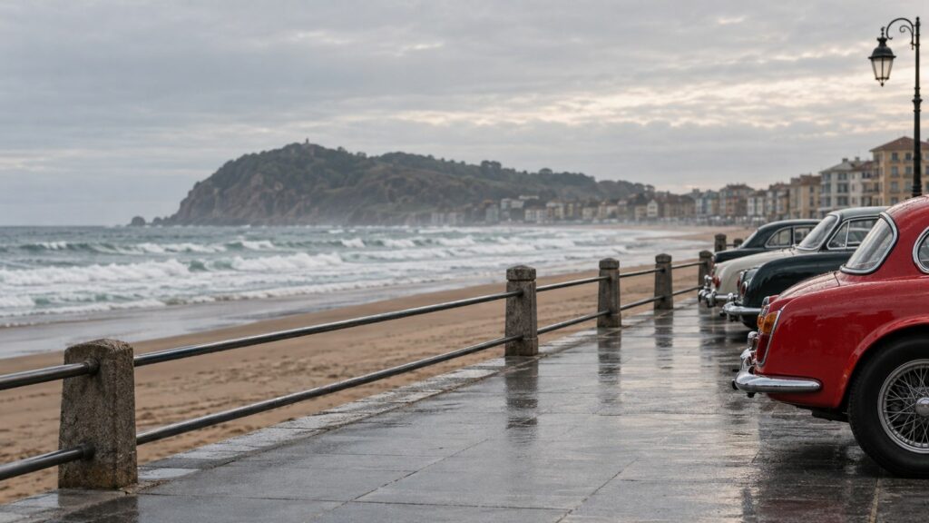 Coches clásicos aparcados en el paseo de la playa de Zarautz con el mar y el monte al fondo