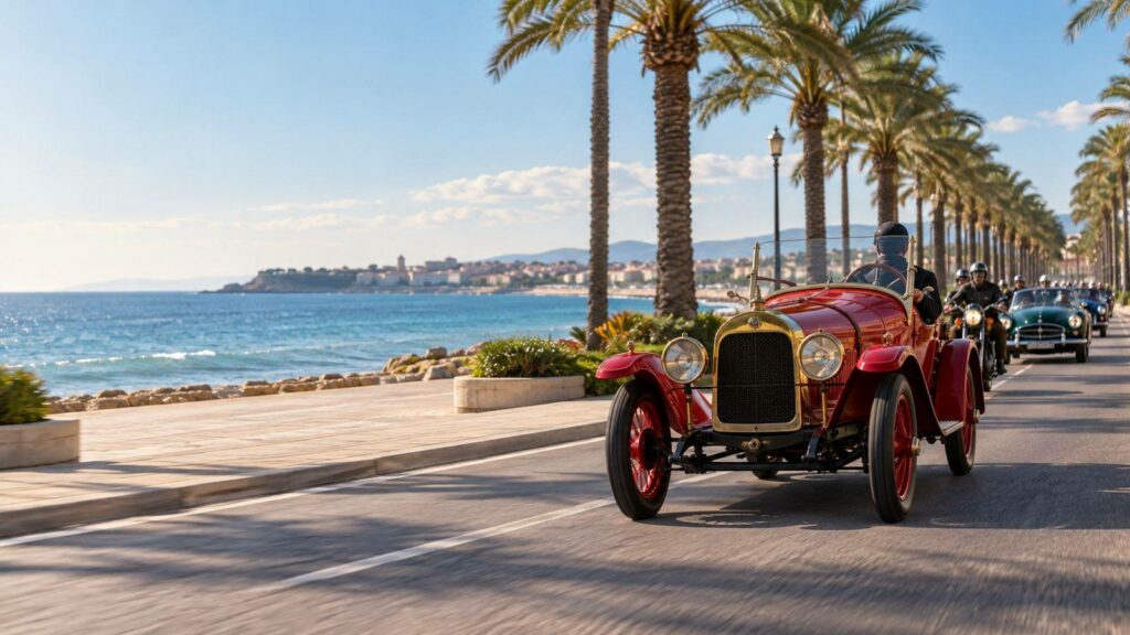 Turismo descubierto de los años 20 encabezando una caravana de clásicos por el paseo de palmeras de Salou
