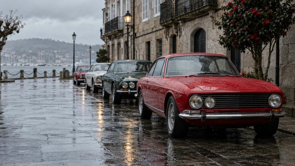 Coupé clásico rojo y otros coches antiguos aparcados en una calle de granito mojada de Vilagarcía junto a la ría