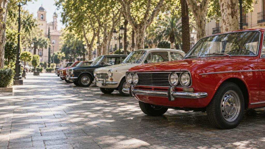 Coches españoles de los 60 y 70 aparcados bajo los árboles de la Rambla de Crevillent