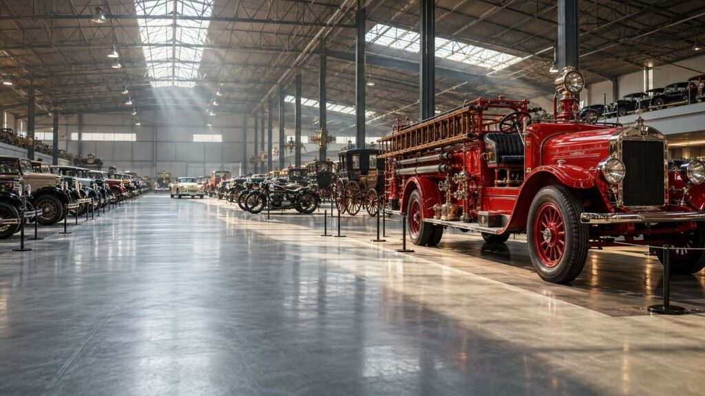 Nave museo en El Ejido con decenas de vehículos antiguos y un camión de bomberos clásico rojo