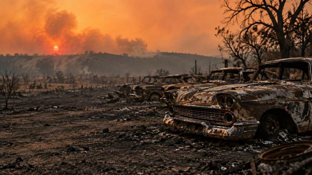 Carrocerías quemadas de coches clásicos americanos tras un incendio forestal en Texas