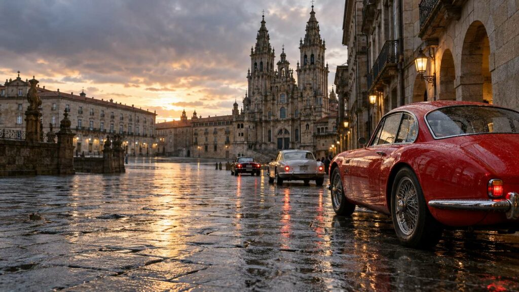 Coupé clásico rojo en la plaza mojada frente a la catedral de Santiago de Compostela al atardecer