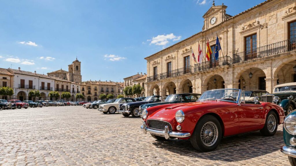 Descapotable clásico rojo y otros coches en la Plaza Mayor de San Clemente, Cuenca