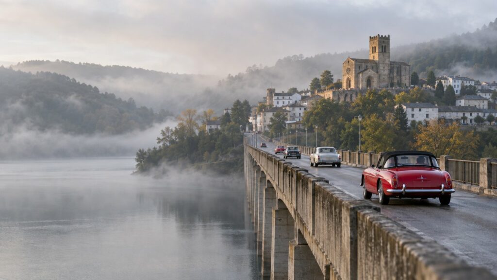 Descapotable clásico rojo cruzando el puente sobre el embalse del Miño hacia Portomarín entre la niebla