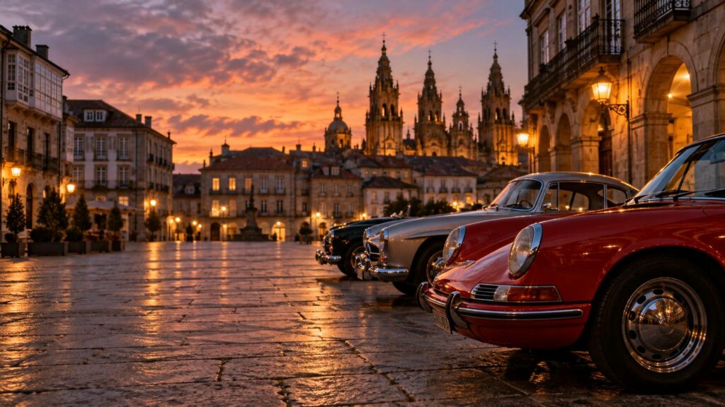 Coches clásicos aparcados en la plaza de granito de Santiago de Compostela al anochecer