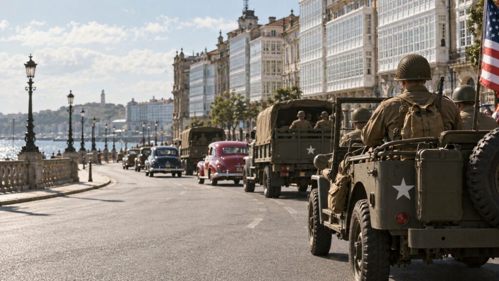Jeeps y camiones militares de época desfilando por Los Cantones de A Coruña