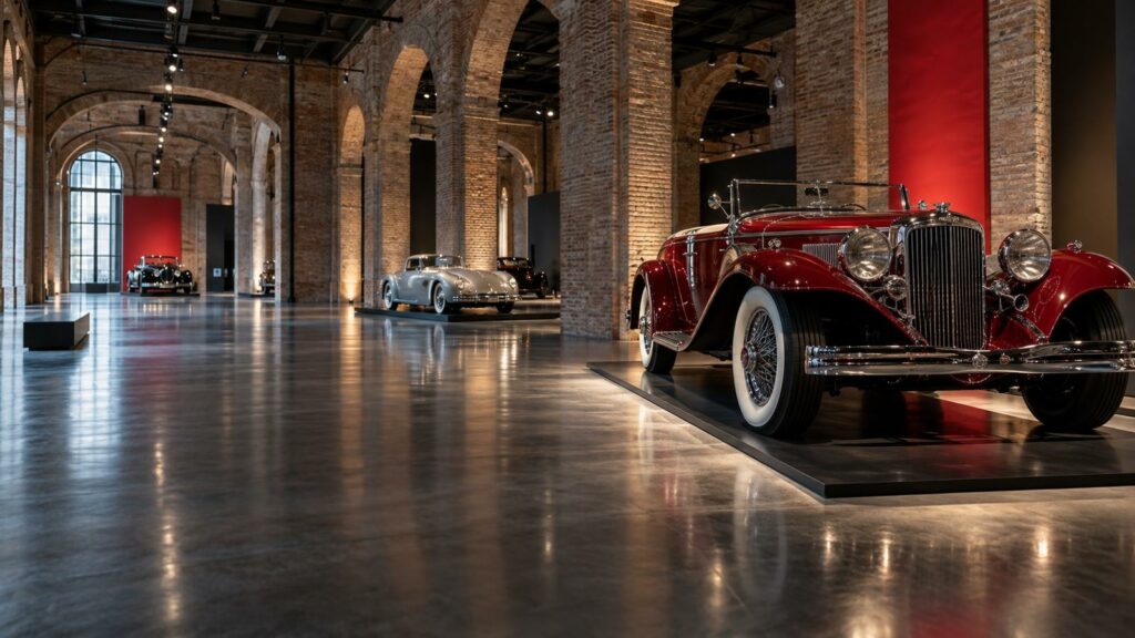 Coches de lujo de los años 20 a 50 bajo los arcos de ladrillo del museo de la antigua Tabacalera de Málaga
