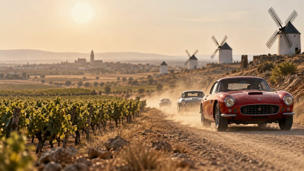 Coche antiguo rojo en una ruta de tierra junto a molinos y viñedos en Quintanar de la Orden