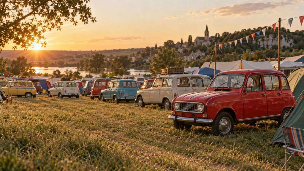 Renault 4 rojo en un prado de Thenay, Francia, durante una concentración internacional
