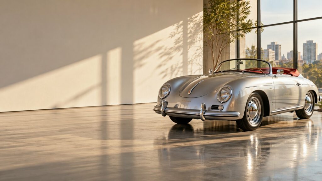 Réplica plateada de un speedster alemán de los 50 en una exposición luminosa