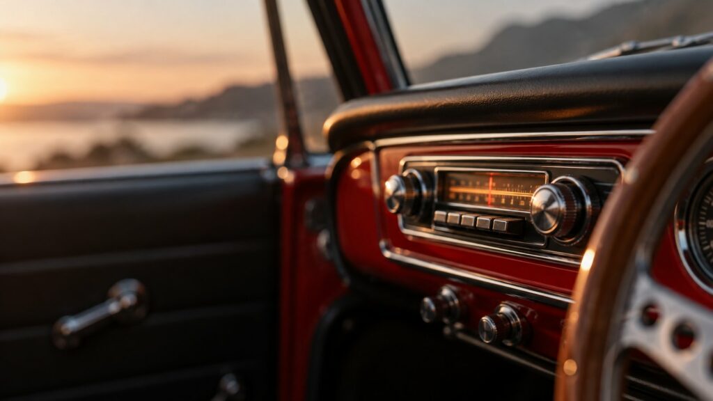 Salpicadero de un coche clásico con una radio de estilo retro iluminada