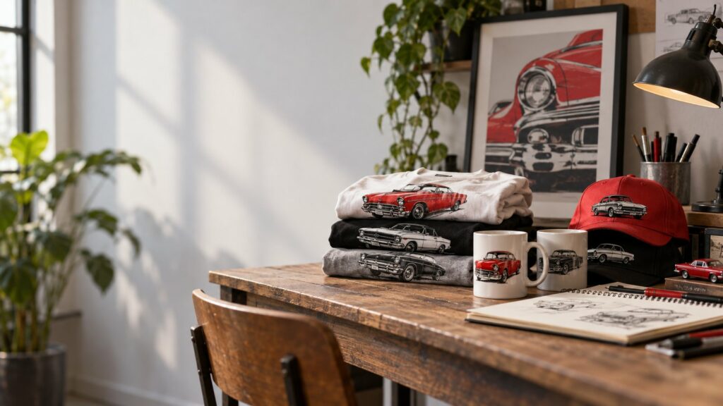 Mesa de estudio con camisetas, tazas y gorras ilustradas con coches clásicos