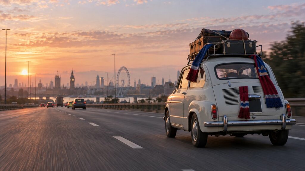 SEAT 600 con baca cargada rodando por una autopista al atardecer