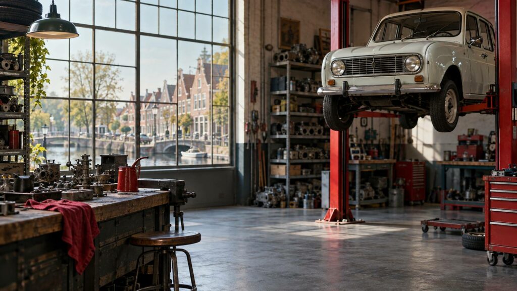 Renault 4 elevado en un taller especializado holandés con banco de herramientas