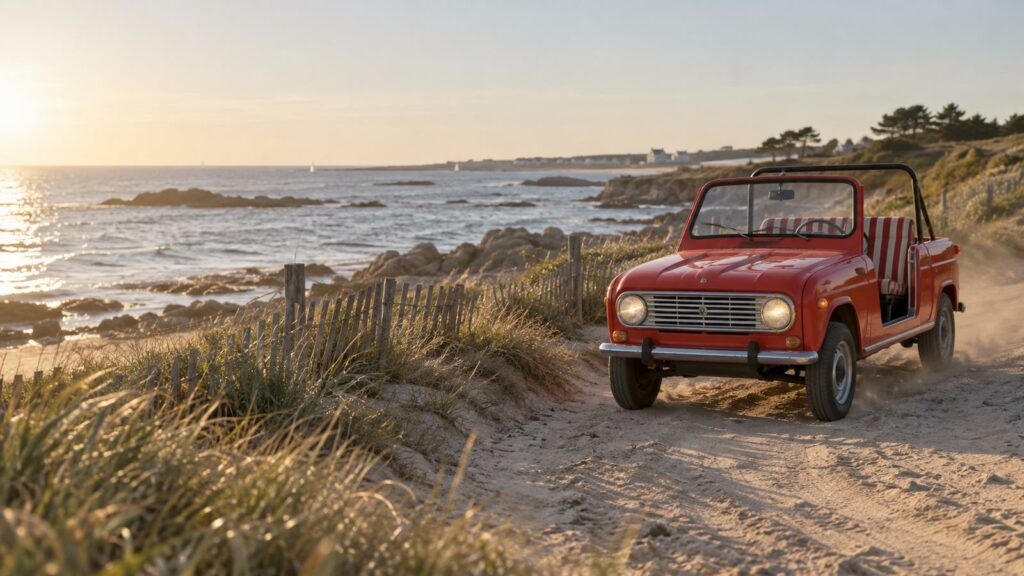 Renault 4 JP4 descapotable rojo en las dunas de una playa