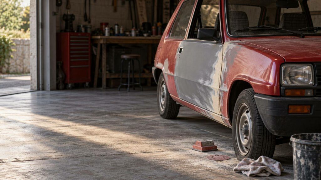 Renault 5 con la carrocería lijada y en imprimación preparado para pintar en un taller