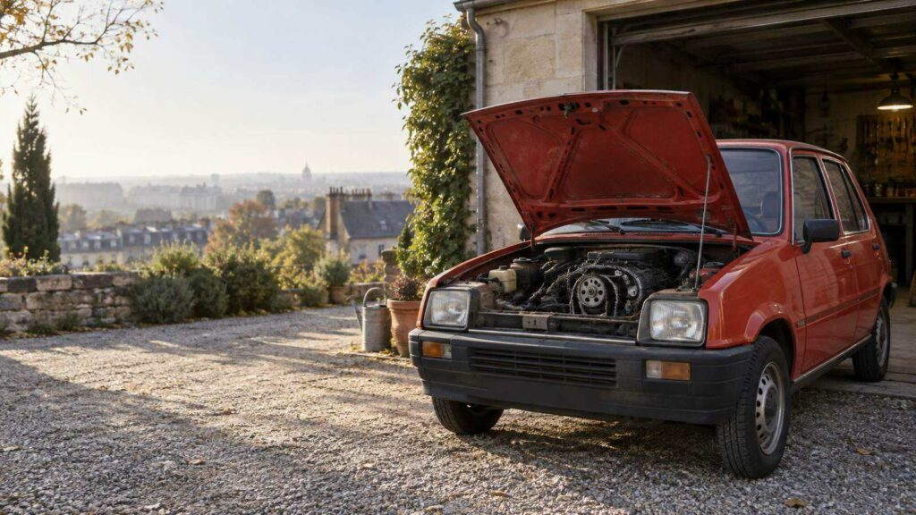 Renault 5 rojo con el capó abierto durante su restauración junto a un garaje