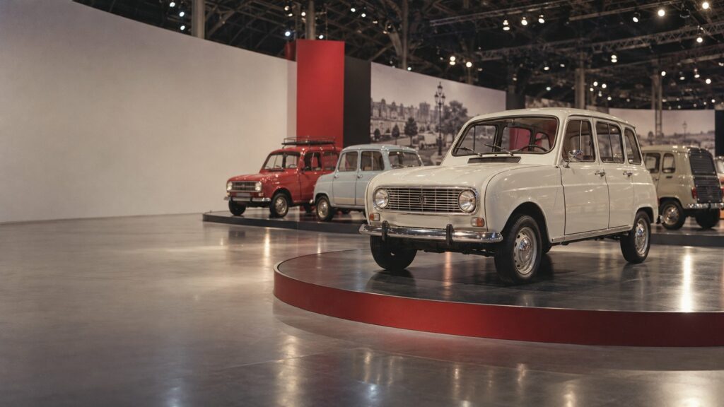 Renault 4 blanco expuesto en una plataforma en Rétromobile París 2011