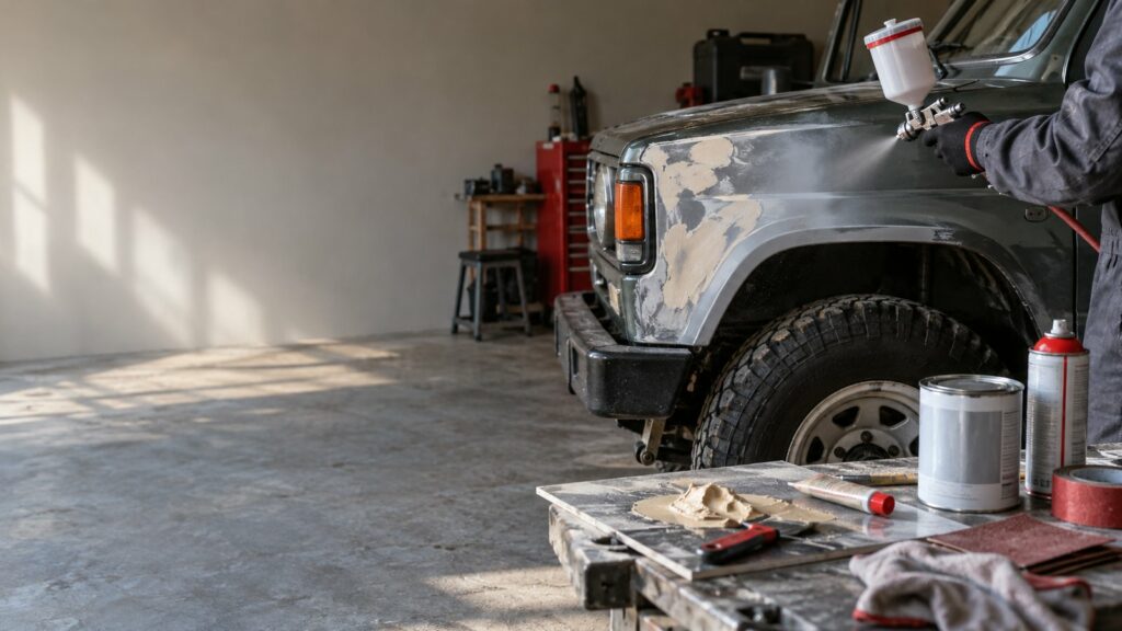 Pintado de la aleta delantera reparada de un todoterreno Nissan Patrol en un taller
