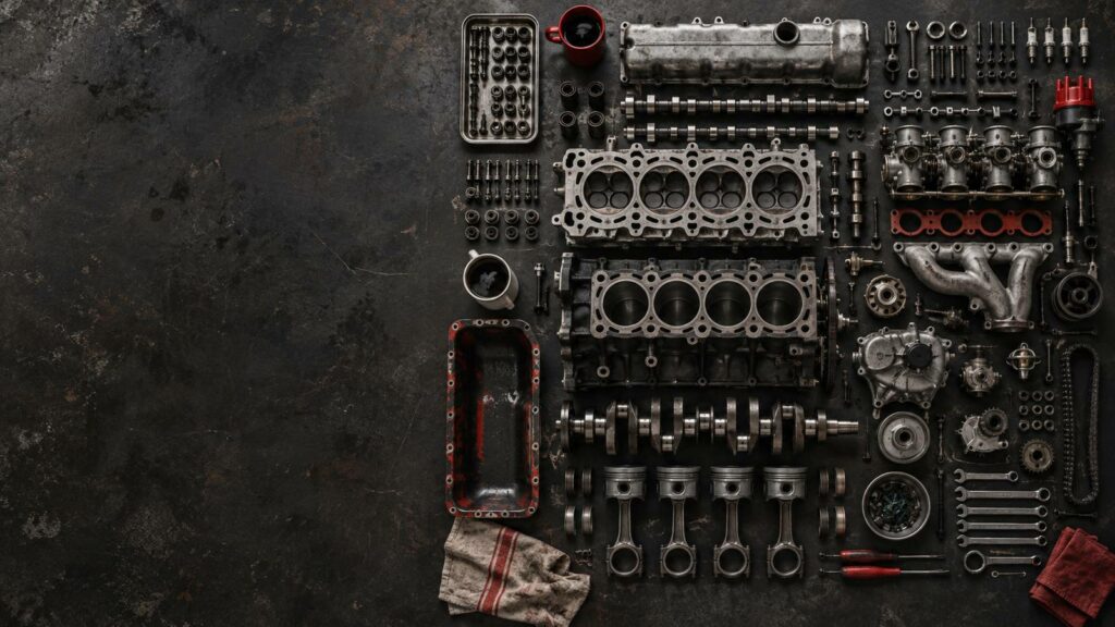 Motor de cuatro cilindros clásico completamente desmontado y ordenado sobre un banco de trabajo oscuro, vista cenital