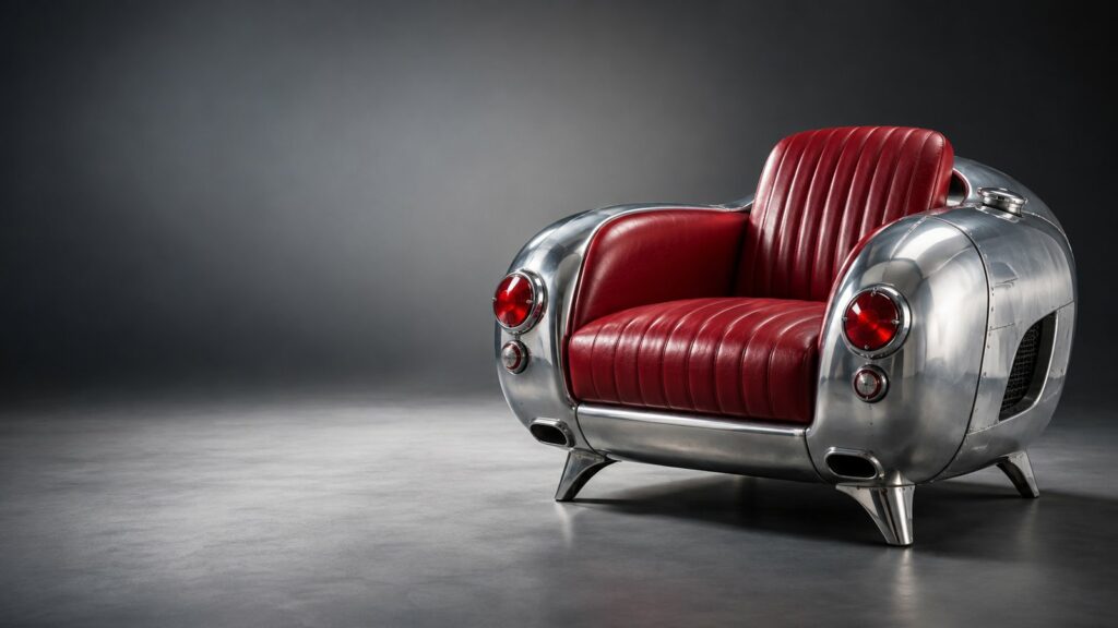 Sillón retro fabricado con la zaga de aluminio pulido de un descapotable de los años 60, con pilotos redondos