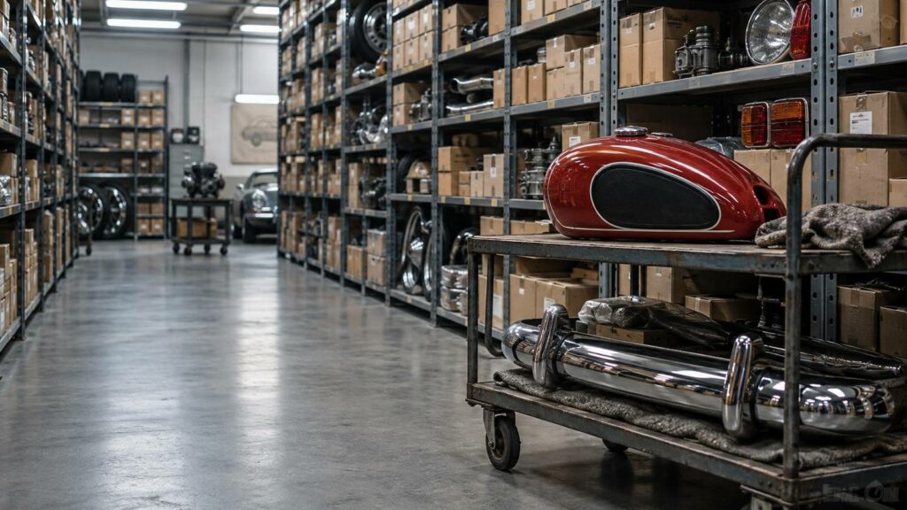 Almacén de recambios para clásicos alemanes con estanterías de cajas y un depósito rojo sobre un carro
