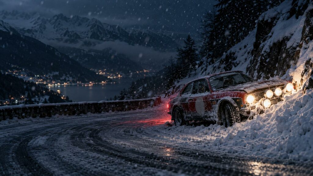 Coupé de rally de los 70 empotrado en la nieve en una curva nocturna del Montecarlo Histórico en los Alpes
