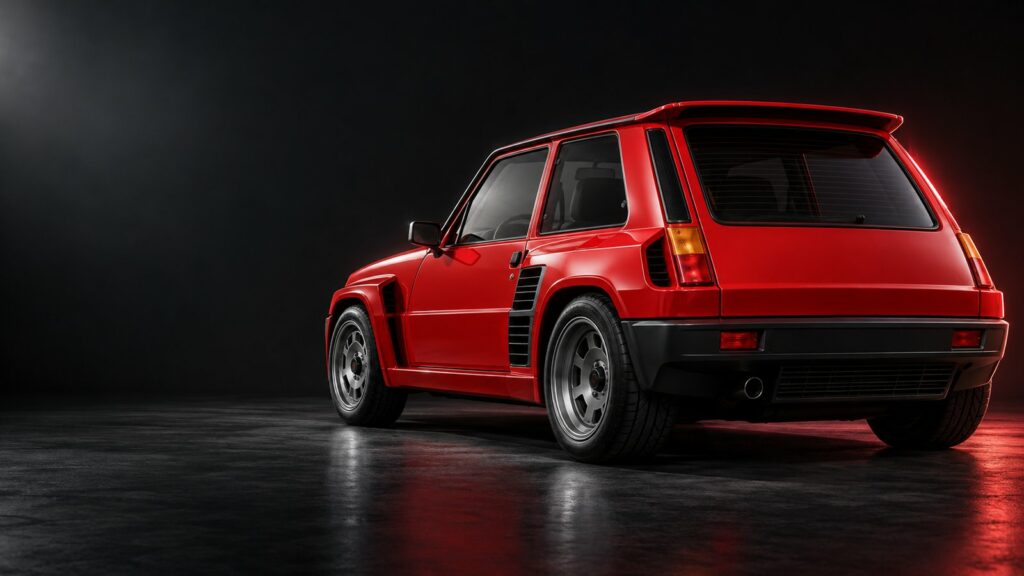 Renault 5 Turbo rojo visto desde atrás en un estudio oscuro