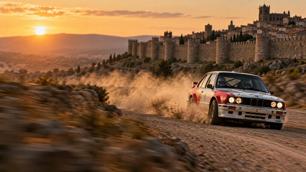 Turismo de rally de los 80 levantando polvo en un tramo de tierra junto a las murallas de Ávila al atardecer