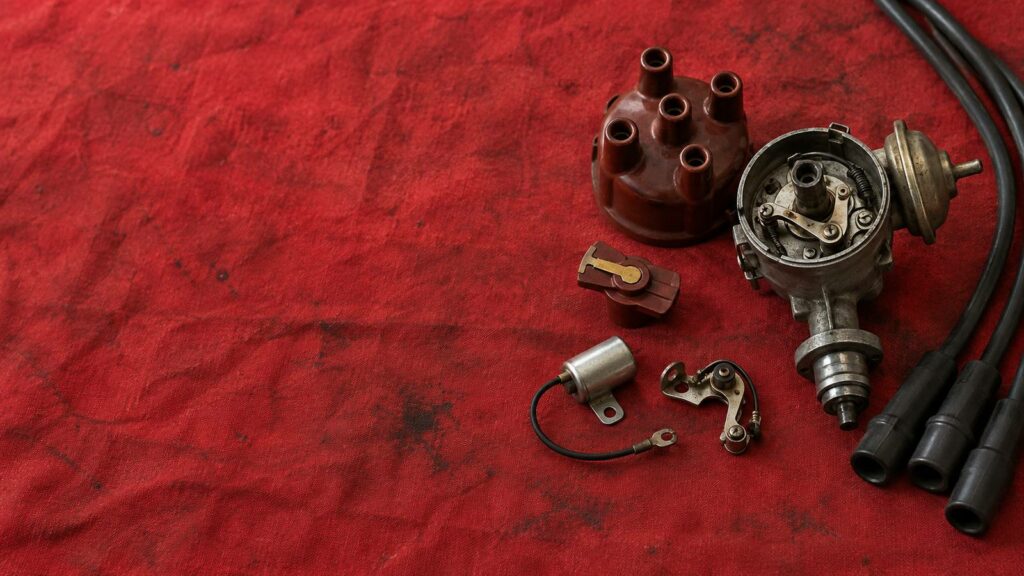Piezas de encendido de un Renault 5 sobre tela roja: tapa de delco, rotor, platinos, condensador y cables de bujía