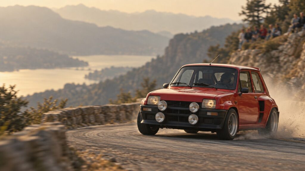 Renault 5 Turbo rojo de rally derrapando en una carretera de montaña con un lago al fondo