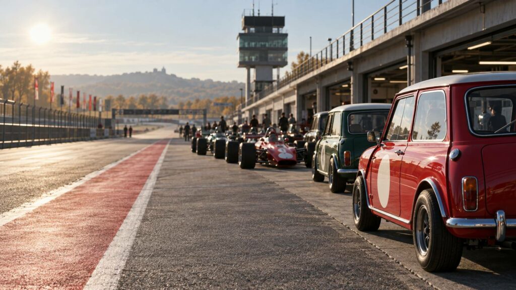 Mini clásicos y monoplazas de los 70 alineados en el pit lane del circuito del Jarama