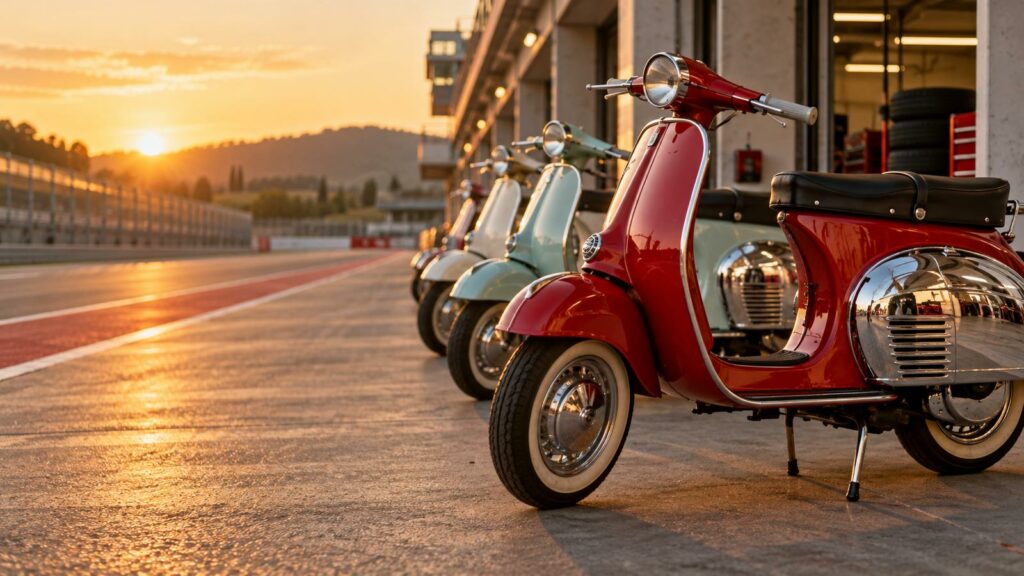 Fila de Vespas clásicas en colores pastel en el paddock del circuito del Jarama al atardecer