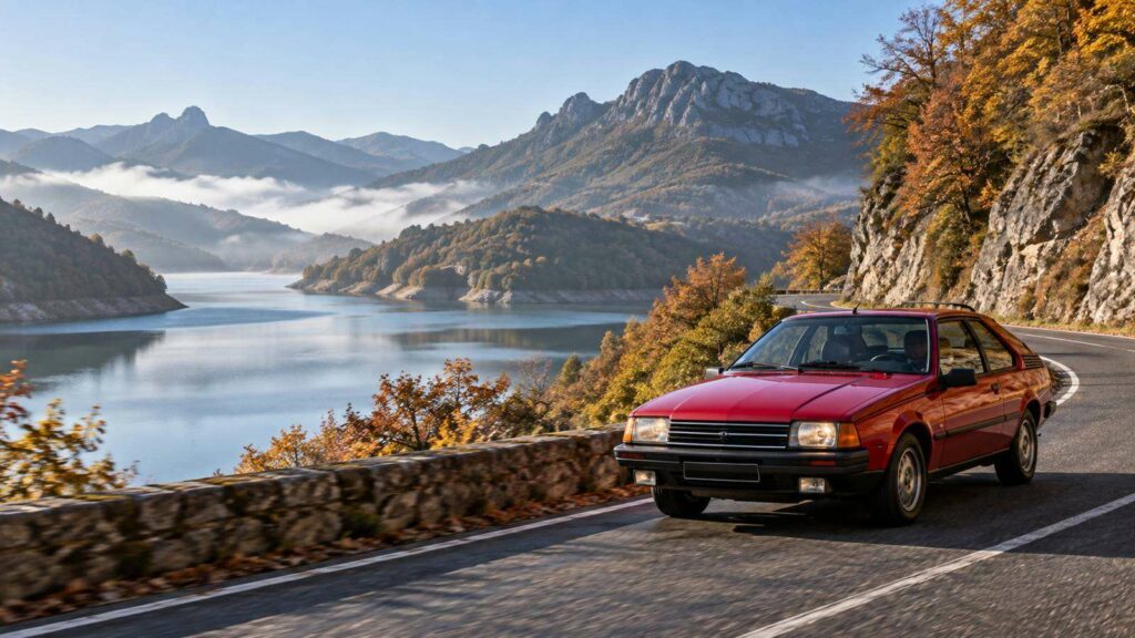 Renault Fuego rojo en una carretera de montaña junto a un embalse en la montaña palentina